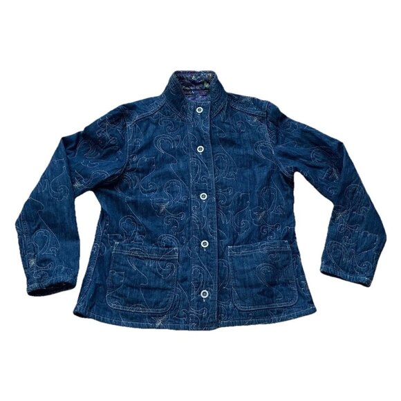 Chicos Large Size 2 Denim Jacket Womens Reversible Floral Quilted Casual - Picture 1 of 14